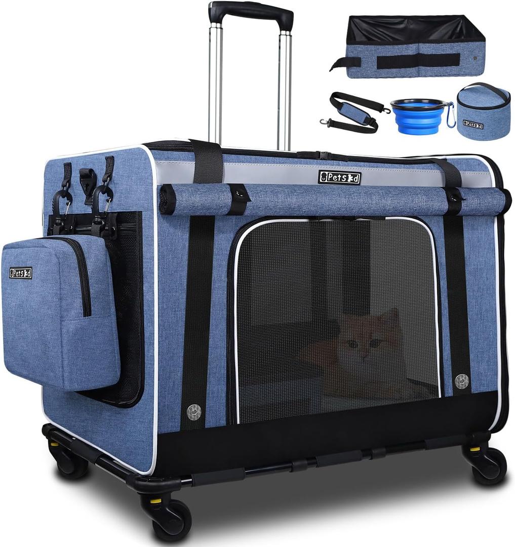 Petskd Extra Large Cat Carrier with Wheels and Litter Box, 24"x17"x17" Rolling Soft Carrier Until 55LBS Pets with 5 Breathable Mesh Windows and Locking Zippers for Long Distance Car Travel (Blue)
