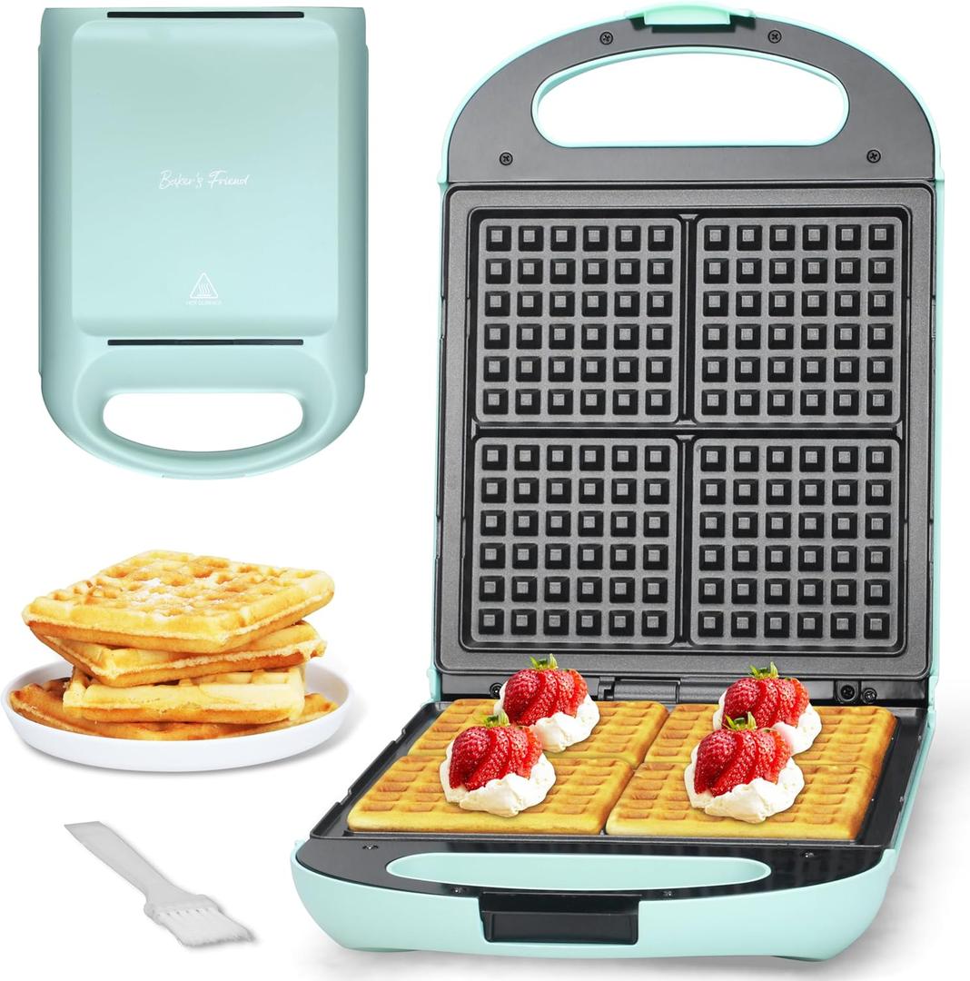 Baker’s Friend Belgian Waffle Maker, Square Waffle Iron, Waflera Electrica, Non Stick Cooking Plate, Classic & Multi Waffle Makers, 4Slice, Aqua
