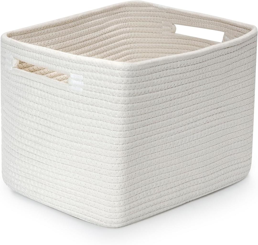 Storage Baskets for Organizing, 15 x 10 x 9 Closet Shelf Woven Baskets, Square Bins with Handles, Cotton Rope Basket for Toys, Books, Towels, clothes, office, room, White 1 Pack