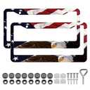 LIN KANG American Flag Eagle License Plate Frame Holder - 2 Pack Patriotic Universal Aluminum Matte Stripe US Flag Gloss Car Tag Frame Holder Accessory with Screws Fasteners Caps