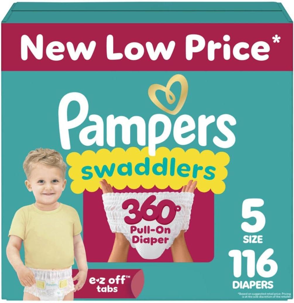 Pampers Diapers - Swaddlers 360 - Size 5, 116 Count, up to 100% Leakproof Comfy Dry Fit, Designed for Easy Changes, Pull On Baby Diaper (Packaging May Vary)