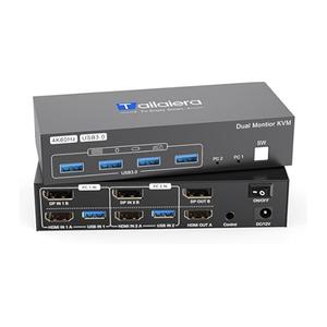 Tailaiera Displayport KVM Switch 2 Monitors 2 Computers, with 4 USB 3.0 Ports for 2 Computers Sharing Dual Monitors Keyboard Mouse Printer with 2 USB Cables, Power Adapter and Controller