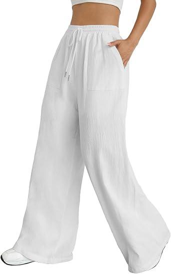 KYAL Women’s Summer Palazzo Pants High Waist Wide Leg Lounge Trousers Lightweight Drawstring Elastic Waist Loose (Large, White)