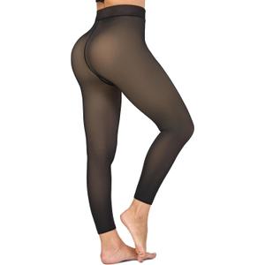 KBVOT Fleece Lined Tights Women Sheer Warm Pantyhose Leggings Fake Translucent Thermal Winter Thick Tights for Dresses (X-Large, Black Footless)