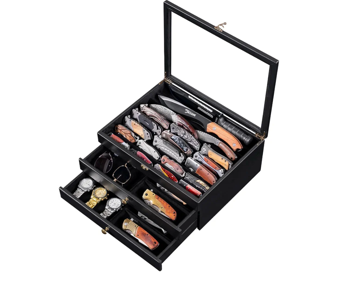 Large Knife Display Case, Large 3-Tier Wooden Pocket Knife Organizer with Glass Lid & Drawers, Storage Box for Folding Knife Collections, Ideal Men's Gift(Black)