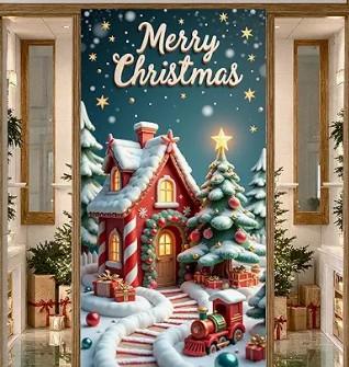 Christmas Door Cover Decorations Red House Front Door Banner Merry Christmas Tree Train Outdoor Backdrop for Home Wall Indoor Xmas New Year Winter Holiday Party Supplies Entryway Porch Sign Decor
