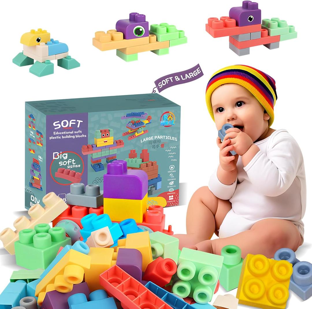 ROHSCE Baby Soft Blocks Building Block Toys, Blocks for Babies 6 Months and Up STEM Educational Toddler Gifts, Baby Soft Rubber Blocks Big Building Blocks Sensory Toys, 46PCS