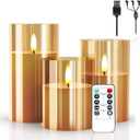 Rechargeable Flameless Candle, LED Flickering Candles Tea Lights Pillar Candles Sets with Adjustable Brightness and Timing Remote, Battery Operated Acrylic USB Candles (Pack of 3)