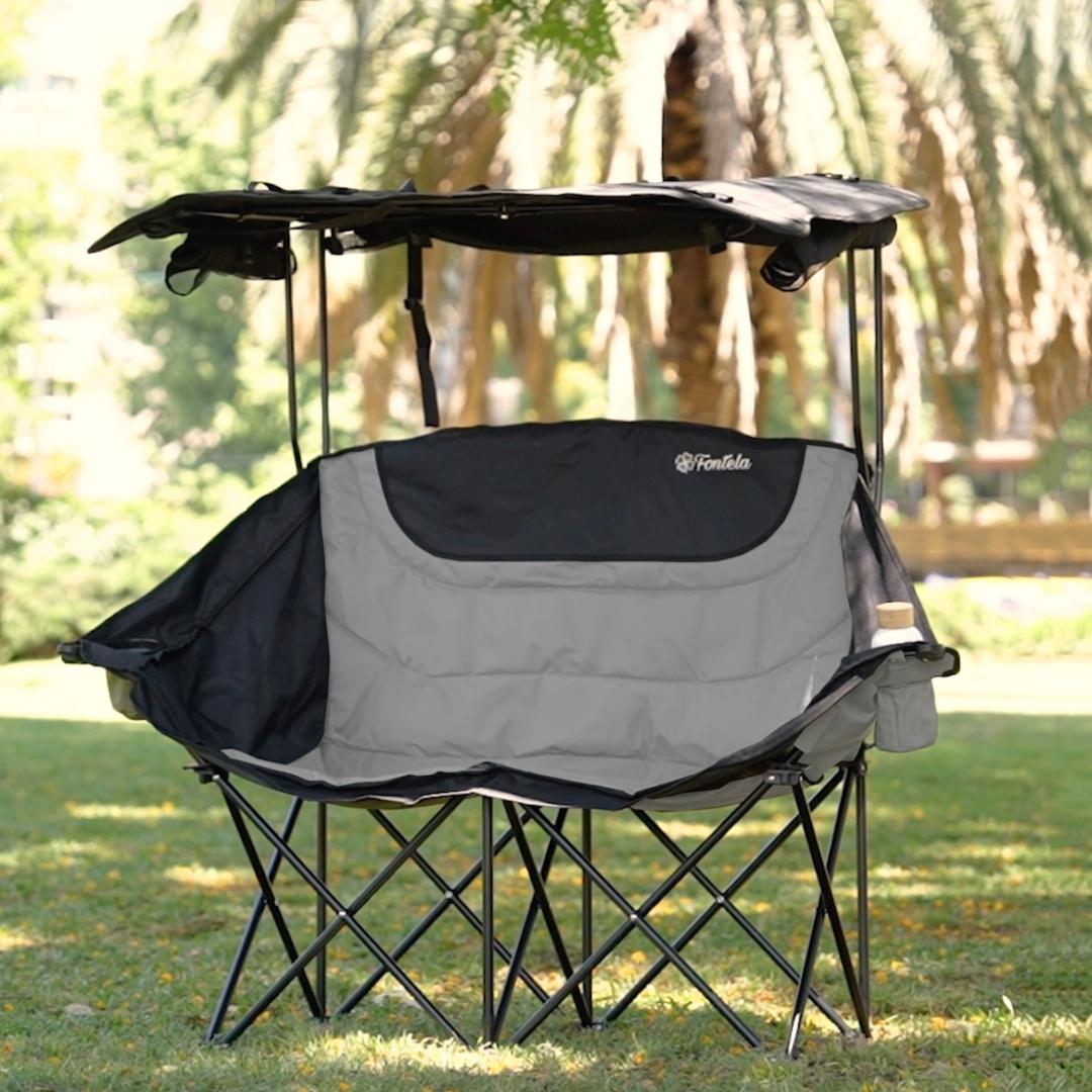 Double Camping Chair with Canopy, Folding Two-Person Seat, Portable Outdoor Loveseat with Shade, Folding Chair for Beach, Lawn, and Outdoor Activities (Grey)