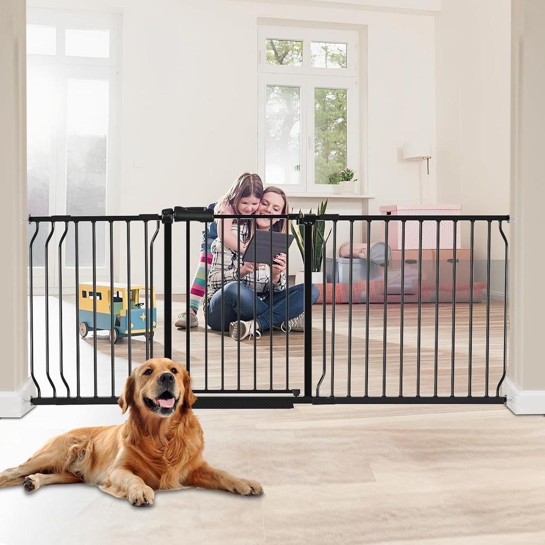 HOOEN 30" Tall Extra Wide Baby Gates for Doorways Stairs 76 to 86 in Large Long Pressure Mounted Pet Dog Gate Metal Tension Indoor Child Safety Gates with Extension Kits (Black)