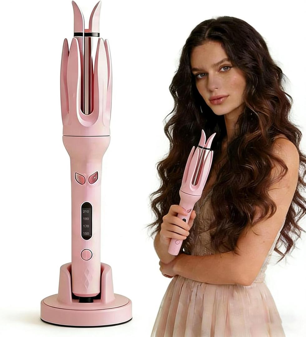 Automatic Curler, Professional Auto-Rotating Curling Iron with LCD Screen 28mm for Barrel Rotating Curling Wand 4 Temps & 15s Timer, Fast Heating Hair Styling Tool(Updated Version Pink)
