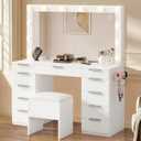 DWVO Vanity Desk Set with Mirror & Power Outlets, Vanity Table with Stool, 12 LED Bulbs, 3 Dimmable Light Colors, 11 Drawers, Hair Dryer Rack & Magnifying Mirror
