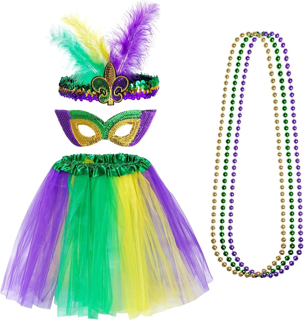Sucrain 6PCS Mardi Gras Costume Accessories Set Women Tutu Skirt, Faux Feather Headband, Mask, 3PCS Beads for Women Carnival Party Outfit Supplies