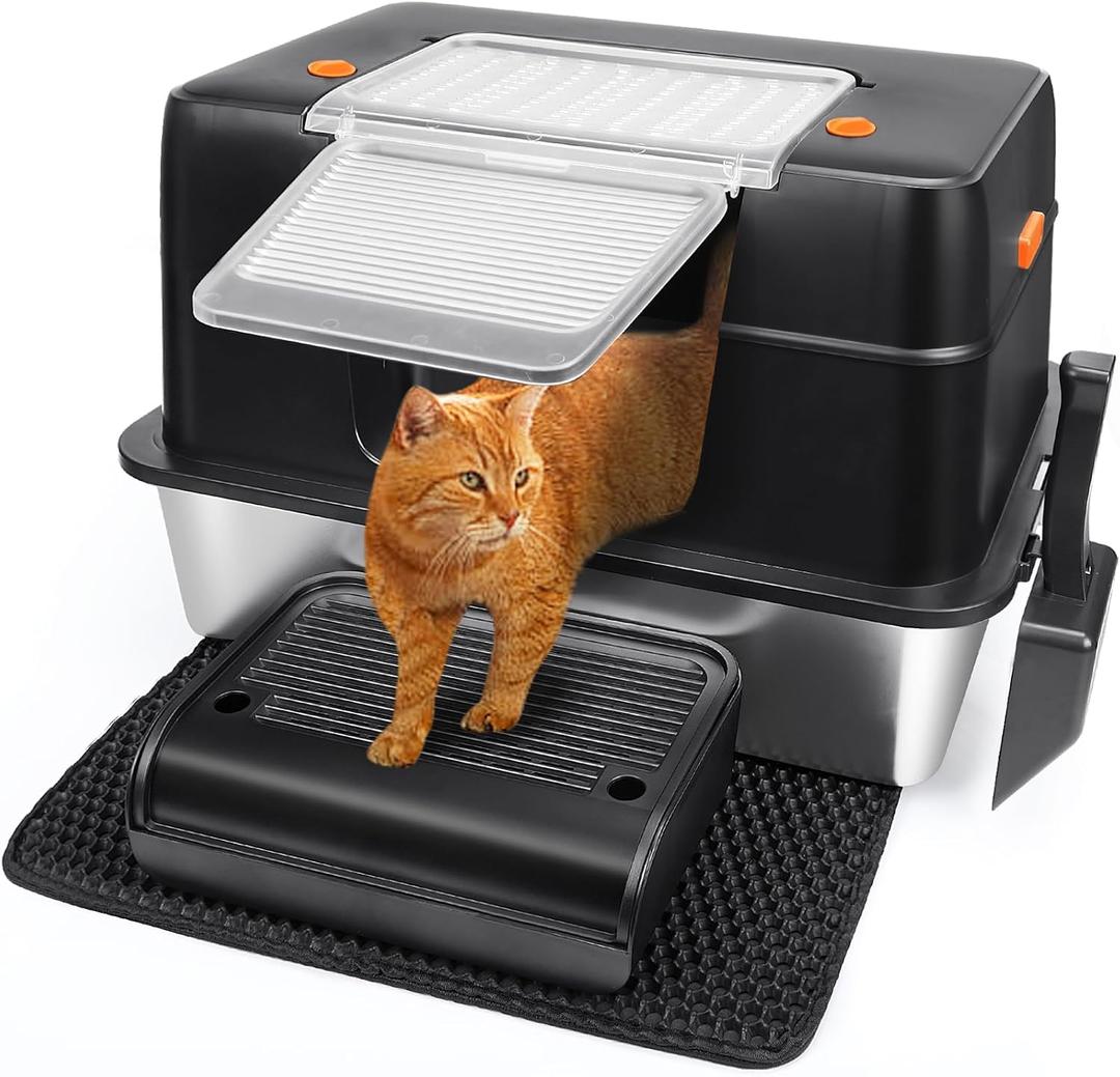 Vivifying Stainless Steel Litter Box, XL Side Entry Extra Large Litter Box with Lid for Big Cats & Kitty, Removable Enclosed Metal Cat Pan with High Sided Enclosure, Scoop (Black)