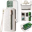 Phone Case for Motorola Moto G Power 5G 2025 Zipper Wallet Detachable Magnetic Cell Cover with Tempered Glass Screen Protector Crossbody Lanyard Strap Bling Credit Card Holder XT2515-1 Women White