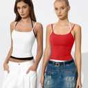 QINSEN Color Block Camisole for Women Sleeveless Halter Neck Adjustable Straps Double Lined Tank Top (White, M)