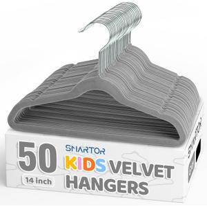 Smartor Premium 14 Inch Kids Hangers 50 Pack, Grey Baby Velvet Hanger, Non Slip, Space Saving Felt Hangers Clothes Organizers for Closet with 360 Swivel Hook for Children, Toddler & Teens