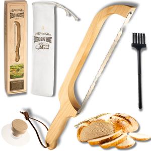 Double-Edged Bread Knife Package Slicer for Sourdough Bread, 16.5" Premium Wooden Bow Design, Premium Stainless Steel Serrated Saw, Cutter for cutting Loaf, Sandwich, Bagels, Homemade Bread (Birch)