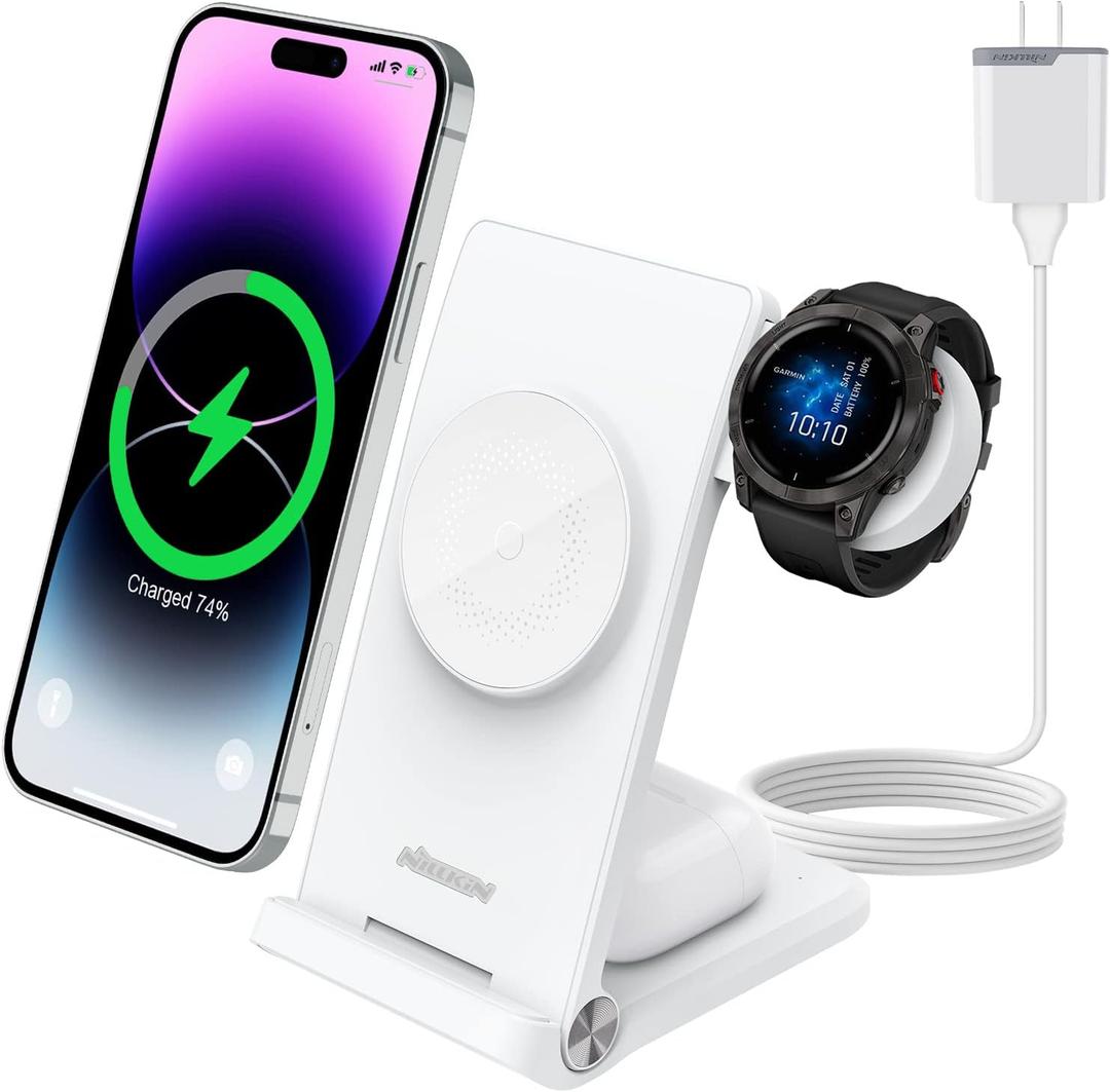 Nillkin 3 in 1 Magsafe Wireless Charging Station, Garmin Watch Charger Stand for Fenix 7/7S/8 Forerunner 245/745/945/965,Tactix,Enduro,Epix,Foldable Charger for iPhone 16/15/14 & AirPods with Adapter (White)