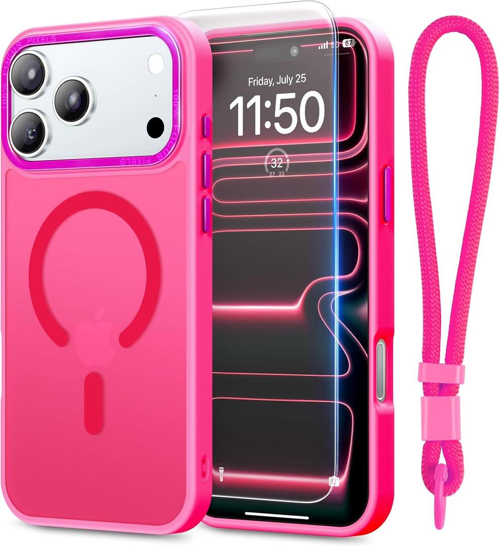 Stronger Magnetic & Shockproof for iPhone 17 Pro Case,Fit for MagSafe, with Screen Protector & Wrist Strap, Military-Grade Drop, Translucent Slim for iPhone 17 Pro Case, Hot Pink