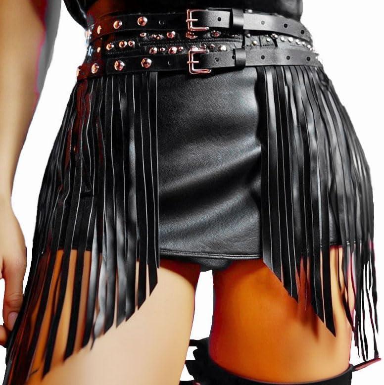 Zoestar Cowgirl Fringe Belt Leather Black Waist Tassel Belts Rave Accessories for Women