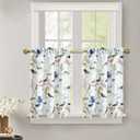 Leeva Farmhouse Short Curtains for Windows, Elegant Blue Birds Linen Textured Curtain Tiers for Living Room Bedroom, 2 Panels Set, 29 x 36 Inches