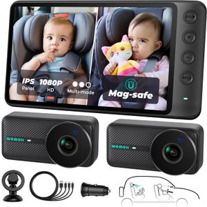 Magnetic Dual Baby Car Camera for Two Kids, 1080P IPS Display with Magnetic Mount, 3 Modes( Zoom/Mirror/Split ), Automatic Night Vision, USB-Powered Car Camera for Baby Rear Facing (2 Cams)
