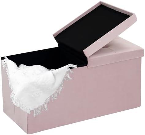 CAROLMADE 30 Inches Storage Ottoman Bench with Flipping Lid, Velvet Foldable Storage Footrest, Ottoman with Storage for Living Room Holds up to 330lbs, Pink