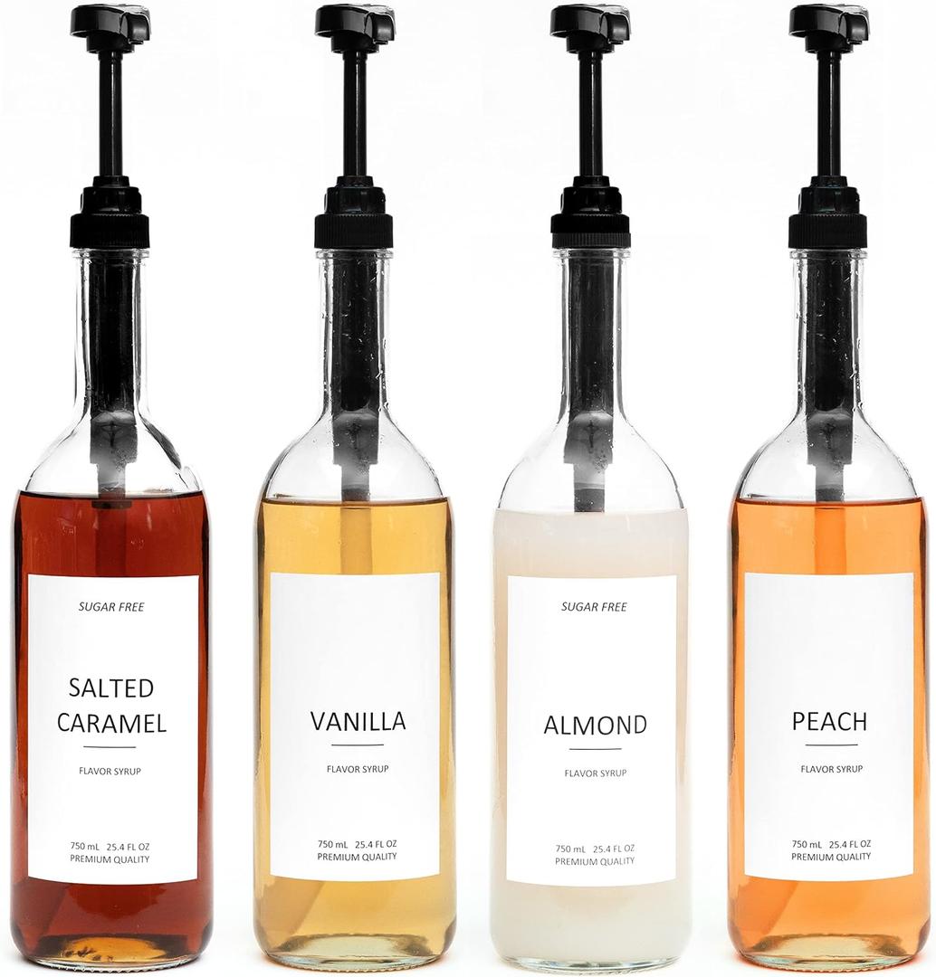 Demi's Home 25.4 oz 750 ml Glass Coffee Syrup Dispenser for Coffee Bar - 4 Pack - Comprehensive Label Set &  oz Pumps Included