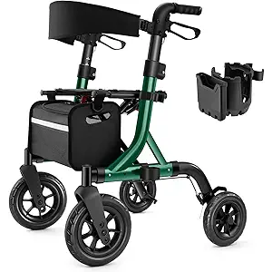 MAXWALK Walkers for Seniors, Rollator Walker with Seat, 10" Rubber Wheels All Terrain Rollator Walker with Backrest, Aluminum Walkers Built-in Cable, Foldable and Adjustable Height for Seniors