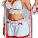 Avidlove Women Sexy Pajamas Set 3 Piece Lingerie Lace Cami Sleepwear and Silk Satin Pjs Sets with Mesh Kimono Robe (Small, White Mix Red)
