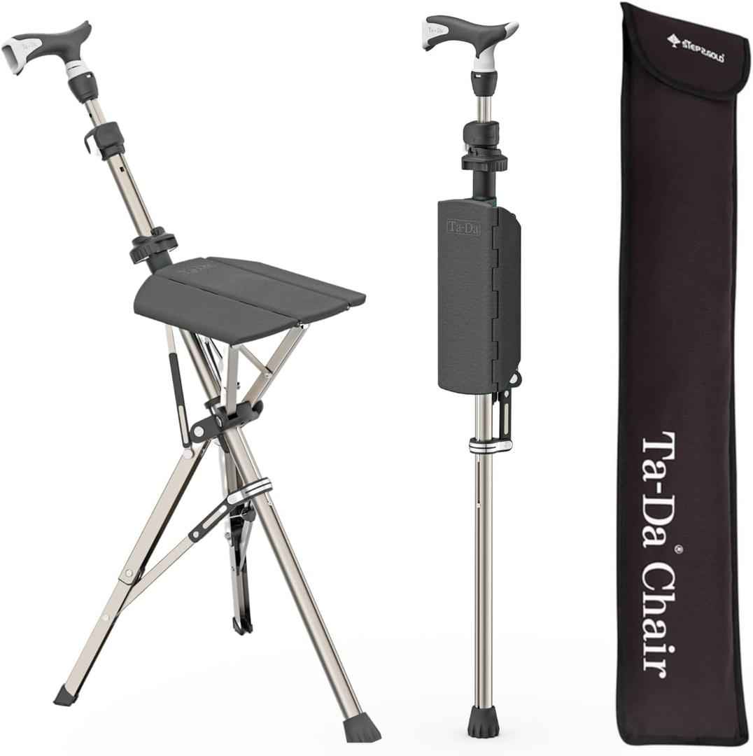 Ta-Da Chair Series 1 Pro, Portable Trekking Hiking Pole, Folding Walking Stick with Seat, Walking Cane with Chair, Foldable Chair, Lightweight Aluminum, Easy Carry and Storage, Anti-Slip (Black)