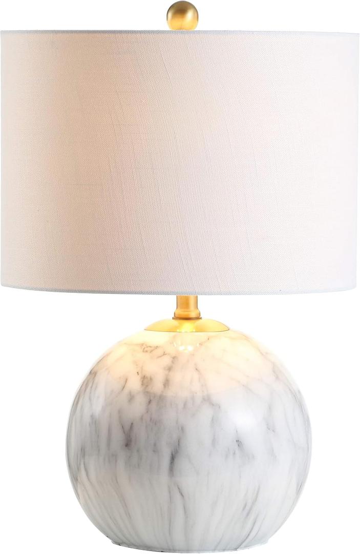 JONATHAN Y 21.5" White/Brass Gold Faux Marble Resin Table Lamp, Glam Geometric Sphere Base for Living Room Bedroom, White Linen Drum Shade, UL Listed, LED Bulb Included JYL1064A
