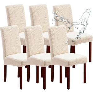 Genina Waterproof Chair Covers for Dining Room 6 Pack, Dining Chair Cover Removable Parson Chair Slipcover Chair Protectors Covers for Kitchen (Leaves-Beige, 6 PCS)