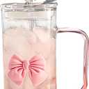 Coquette Bow Aesthetic Cup - Pink Bow Glass Cup, Cute Glass Cups with Lids and Straws, 16 oz Bow Tumbler Iced Coffee Tumbler Cups for Girls Bestfriend (Clear)