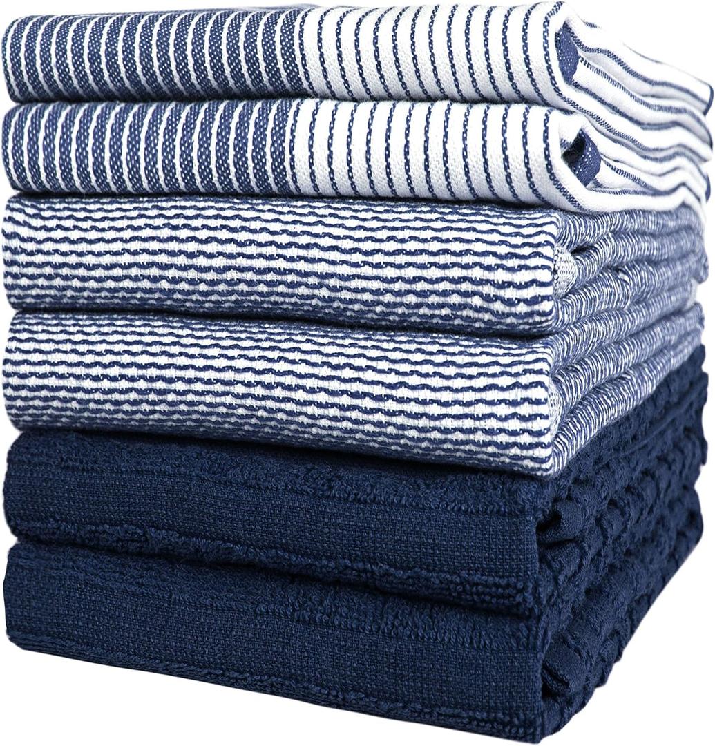 Premium Kitchen Towels (20x 28, 6 Pack) | Large Cotton Dish Towels | Flat & Terry Highly Absorbent Kitchen Linen Set with Hanging Loop | Navy Blue