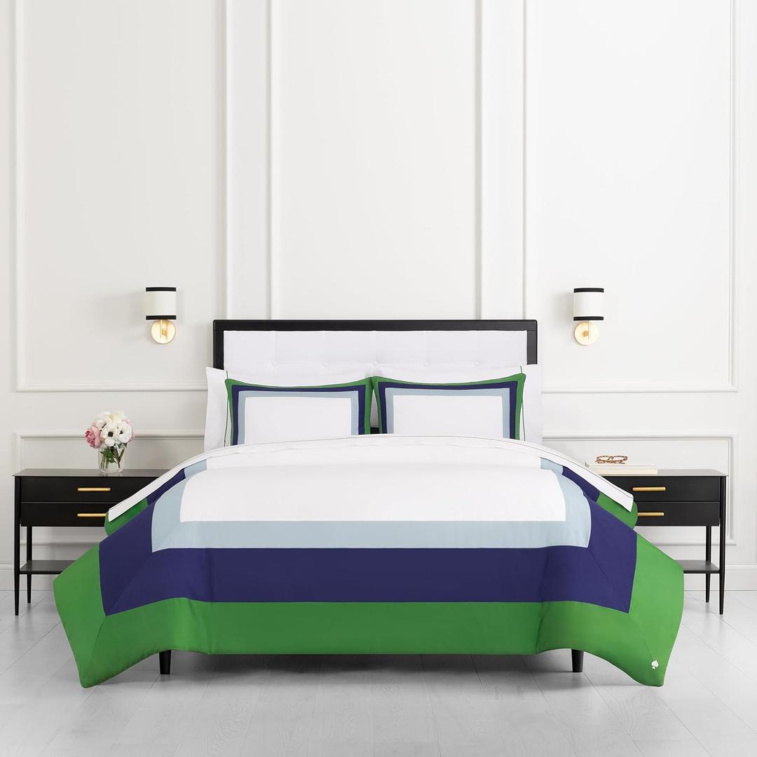 kate spade new york Color Block Full/Queen Comforter Set, 300 Thread Count and 100% Cotton Cover, All Season 3 Piece Reversible Bedding Set, Machine Washable, Navy, Green and White