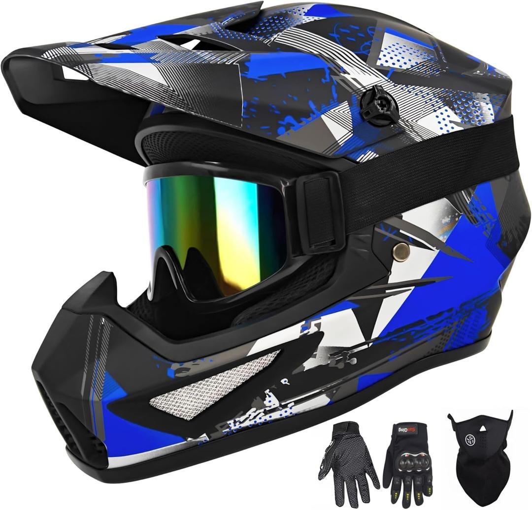 Youth Kids Motocross Helmet, Adult ATV Dirt Bike Helmet with Goggles Gloves & Mask Quick, Full Face Motorcycle Helmet with Quick Release Buckle DOT Certified (Small, 02 Dark Blue)