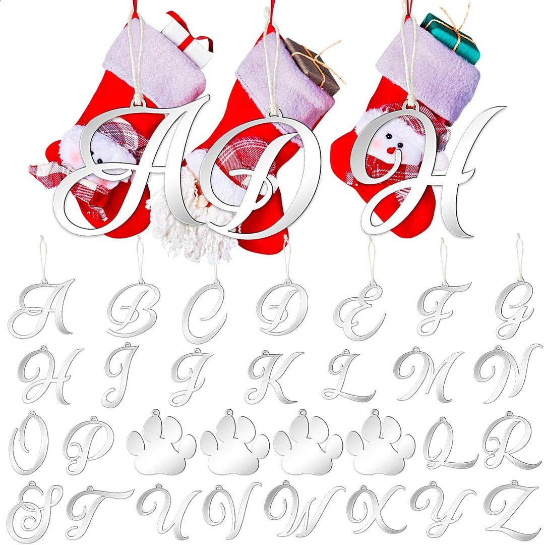 30 Pieces Christmas Stocking Tags Stocking Letter Signs Gift Tags Acrylic Letter Ornament Acrylic Paw Ornament Christmas Stocking Letter Tags for Christmas Stocks Decor (Sliver)