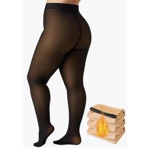 Plus Size Fleece Lined Tights Women, 300g Warm Pantyhose Leggings, Fake Translucent Thermal Tights Winter 3-4XL