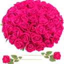 90 Pcs Hot Pink Velvet Rose Artificial Flowers with Long Stems, Fake Silk Roses Real Touch Fake Roses Florals for Birthday Wedding Bouquet Party Arrangement Decorations