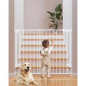 Cumbor 34" Extra Tall No Bottom Bar Baby Gate for Stairs, Auto Close Dog Gate Indoor for Larger Pets, 29.2-43" Hardware Mounted Safety Gate for Doorways, Wide Walk Thru Door for Easy Access (White)