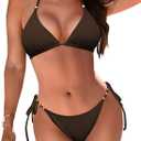 Zilcremo Women Two Piece Bikini Swimsuit Triangle Tie Bathing Suit Beads Cheeky String Bikini Sets (Brown, M)