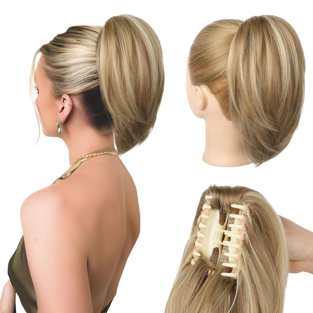 Ponytail Extension - 10" Short Claw Clip in Ponytail Hair Extensions Messy Bun Hair Piece Natural Soft Synthetic Straight Pony Tail Hair Pieces for Women - Honey Blonde with Highlights