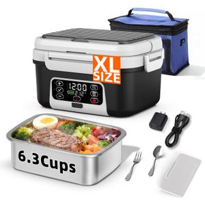 XL 6.3-Cups Cordless Electric Heated Lunch Box for Adults, 20000mAh Rechargeable Battery Powered Smart Self Heating Lunchbox for Men Women, 100W Food Warmer for Trucks Driver Travel Office Worker