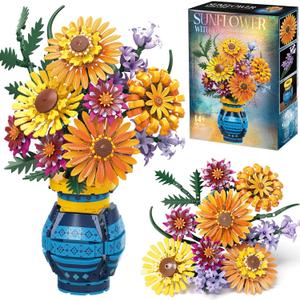 Flower Bouquet Building Blocks Set with Vase, Mothers Day Mom Grandma Gifts, 1065PCS Artificial Sunflower Botanical Nurse Teacher Appreciation Birthday Gifts for Wife Women Her Him Teen Girls Adults