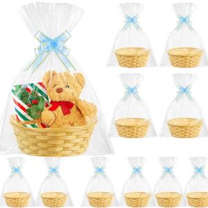 Boao 12 Pack Christmas Empty Gift Basket Bulk Xmas Empty Sturdy Woven Bamboo Gift Basket to Fill for Holiday Picnic Kitchen Includes 20 Pull Bows and 20 Clear Gifts Bags, 9 Inch