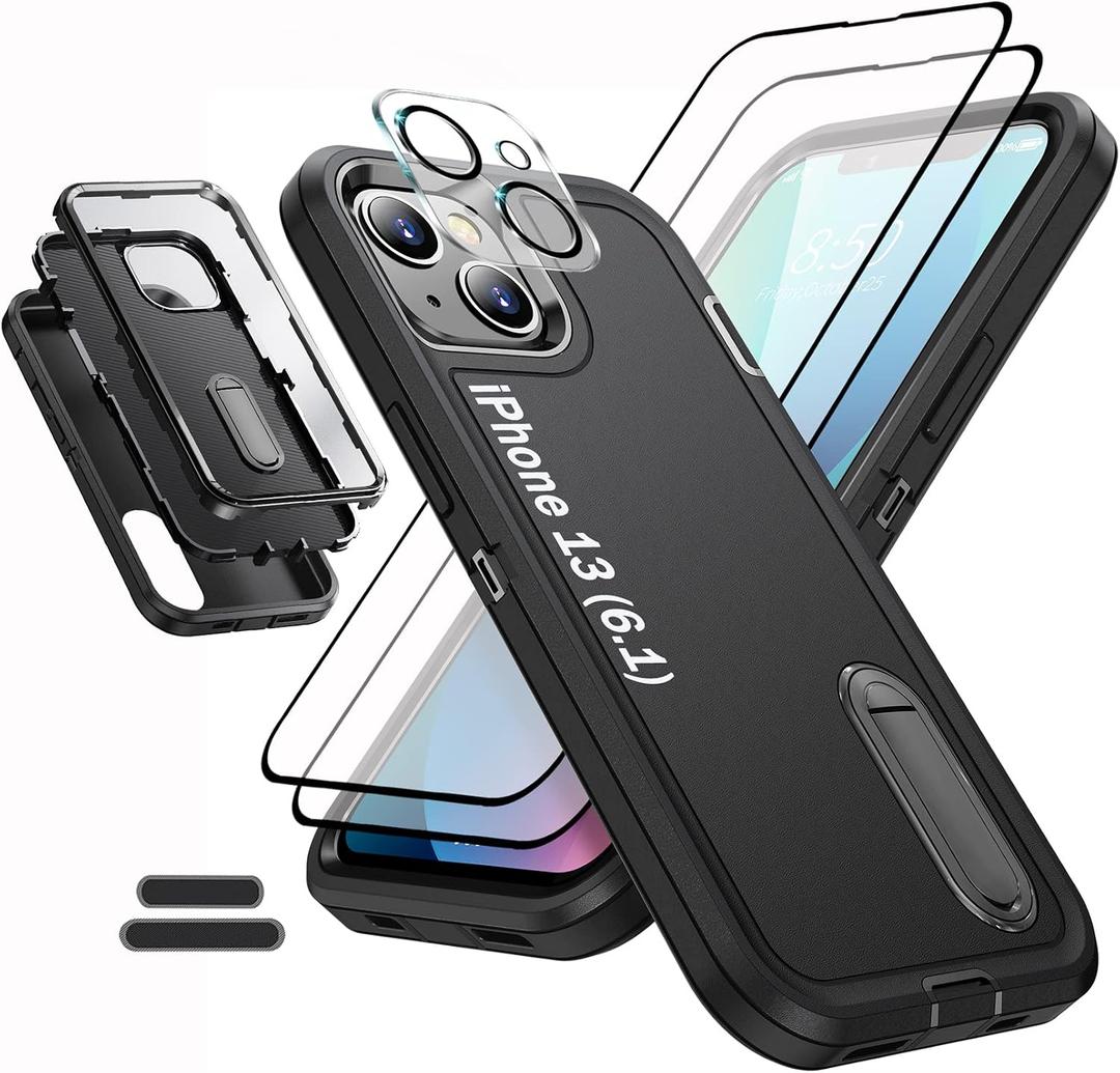 Case is Specially Designed for iPhone 13 6.1 Inch, Full Body Protection Heavy Duty Shock Absorbing 3 in 1 Silicone Rubber Built-in Stand with 2 Tempered Screen Protectors-Black