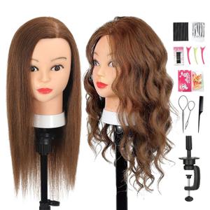 Mannequin Head with 100% Real Human Hair 20-22" Cosmetology Mannequin Head to Practice Hairstyles Bleaching Training Learning Head for Hairdresser With Free Clamp Holder (Brown-W25)