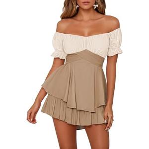 Fixmatti Women's Color Block Romper Off The Shoulder Short Sleeve Ruffle Jumpsuits Playsuit, XL Fixmatti Women's Color Block Romper Off The Shoulder Short Sleeve Ruffle Jumpsuits Playsuit, XL